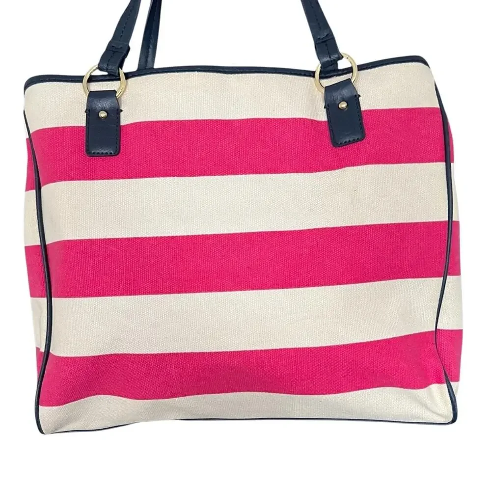 NEW TOMMY HILFIGER Satchel Tote Bag Pink Cream Striped Navy Trim NWT 1652-57